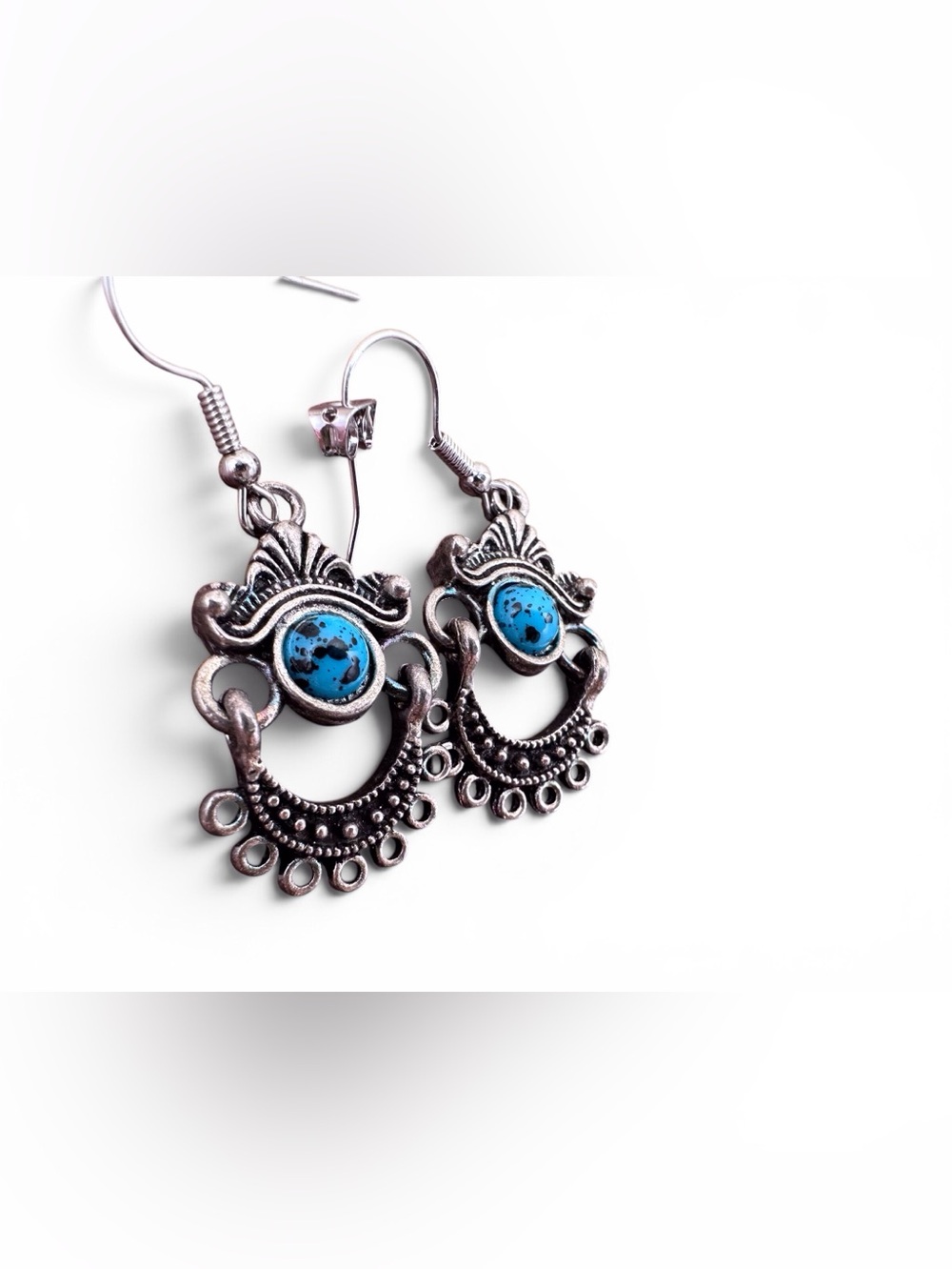 Silver-Tone Turquoise Blue Dangle Earrings with Filigree Detail